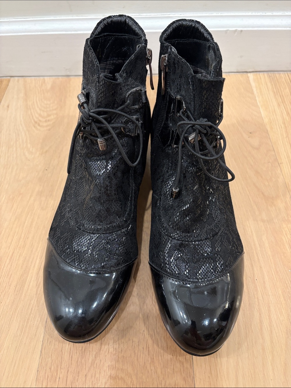 Black Lace & Patent Cap-Toe Ankle Booties